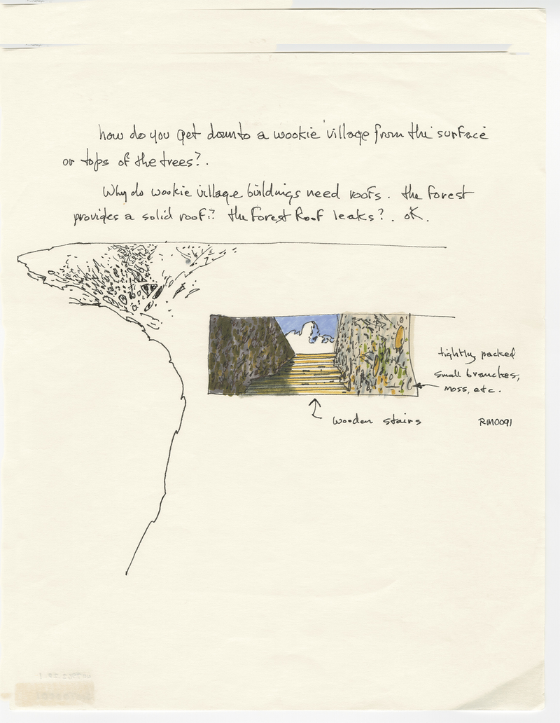 Concept sketch, Wookiee planet treetops from Empire Strikes Back. McQuarrie’s notes show he envisioned the treetop canopy as densely packed, so as to create an almost solid material. © Abrams Books, 2016 (C) 2016 Lucasfilm Ltd. And TM. All Rights Reserved. Used Under Authorization